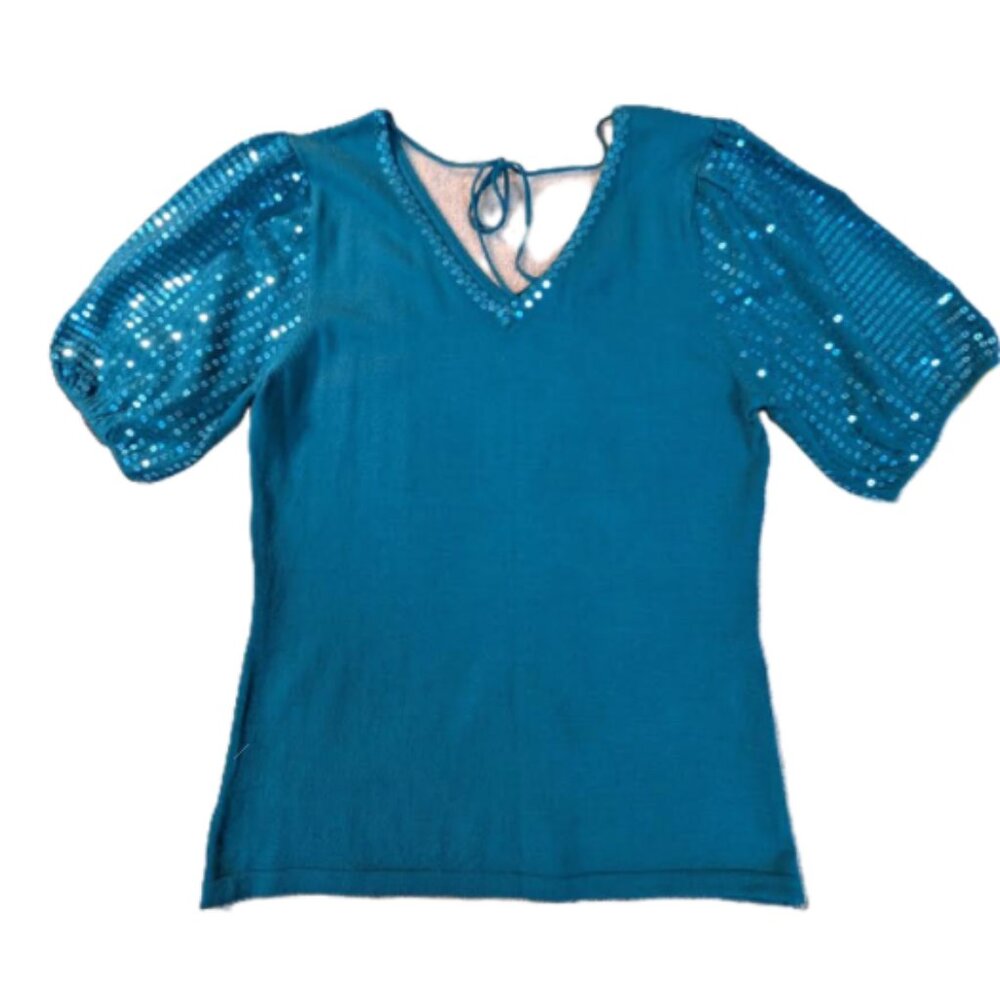 NWOT Laura Petite Sweater Top with Sequin Accents and Puff Sleeves